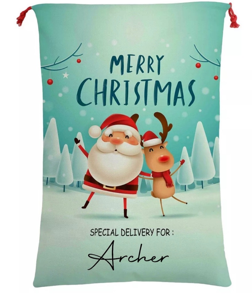 Personalised Santa Sack - Merry Christmas - Santa & Rudolph